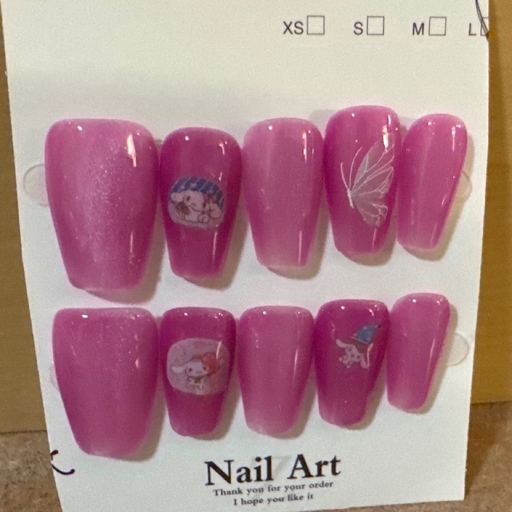 Pink Cat Eye Press On Nails Cinnamoroll Butterfly Medium Coffin Nail Art Set